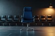 © SUUGOIisME - A solitary blue office chair illuminated by a spotlight in a dark conference room. surrounded by empty black chairs. symbolizing isolation or waiting for a decision