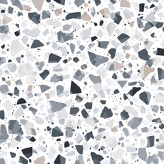 Poster - Abstract seamless terrazzo pattern with playful grey geometric fragments in vivid grey scattered on a clean white background