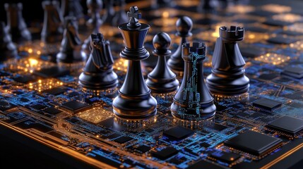 Aufkleber - Black chess pieces stand on a glowing circuit board, blending classic strategy with the modern digital battlefield