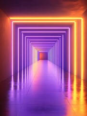 Poster - A mesmerizing corridor adorned with glowing neon arches in vibrant pink and purple hues. reflecting on a polished floor. creating an ethereal atmosphere perfect for modern art displays