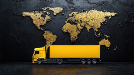 Poster - A yellow semi-truck hauls cargo in front of a dark map background, highlighting international trade and global reach