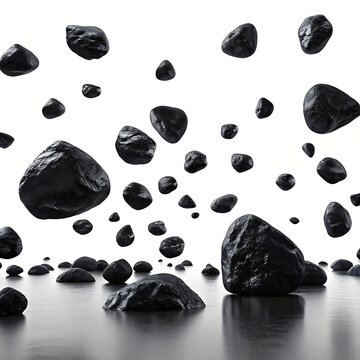 Abstract 3D Render of Falling Dark Rocks on Reflective Surface