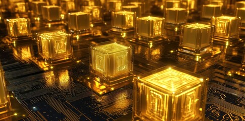Poster - Close-up view of a vibrant gold circuit board showcasing intricate pathways and components. illuminated by soft light. creating a futuristic technology ambiance