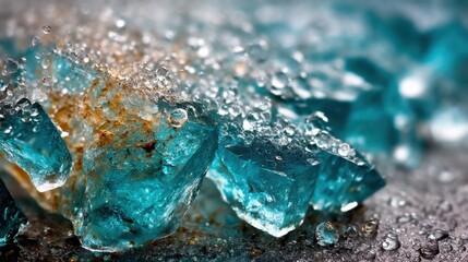 Poster - Close up of raw blue crystals with water droplets and gold inclusions on a dark surface macro shot
