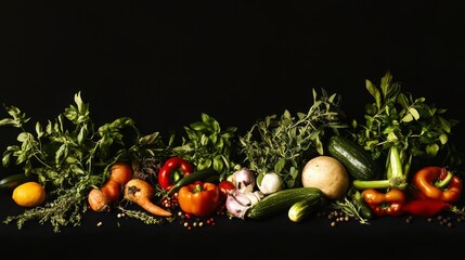 Poster - Vibrant assortment of fresh vegetables and herbs arranged on a dark surface.