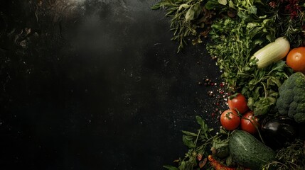 Poster - Fresh vegetables and herbs on dark background; copy space.