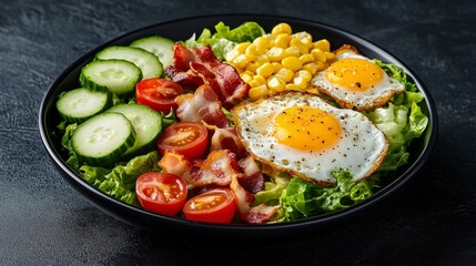 Poster - Delicious breakfast salad with fried eggs, bacon, tomatoes, cucumbers, corn, and lettuce in a black bowl.