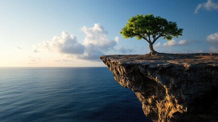 Poster - A solitary tree clings to a coastal cliff, framed by ocean and sky, symbolizing endurance and rooted strength