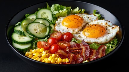 Poster - Healthy breakfast bowl with fried eggs, bacon, cucumber, cherry tomatoes, corn, and lettuce.