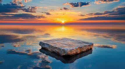 Poster - A solitary stone platform floats on still water beneath a radiant sunset, evoking calm, mystery, and philosophical depth