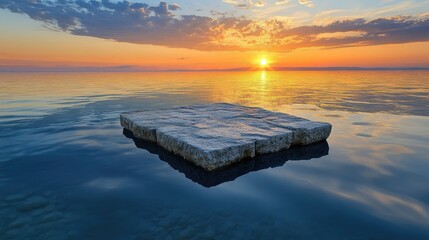 Poster - A solitary stone platform floats on still water beneath a radiant sunset, evoking calm, mystery, and philosophical depth