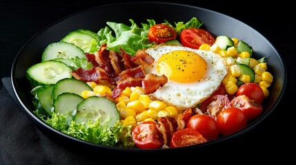 Poster - Delicious breakfast bowl with fried egg, bacon, corn, cucumber, and cherry tomatoes.
