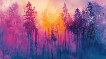 Poster - Painted forest with vibrant colors, including pink, purple, orange, and blue. Use this photo for artistic projects or to add a unique, colorful design.