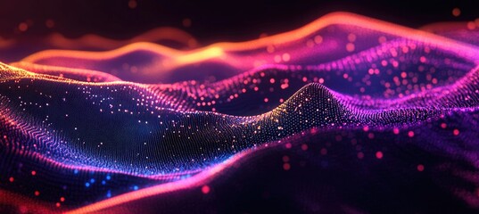 Poster - A vibrant abstract representation of flowing waves of colorful light. showcasing dynamic movement and depth against a dark background. ideal for digital art or technology themes
