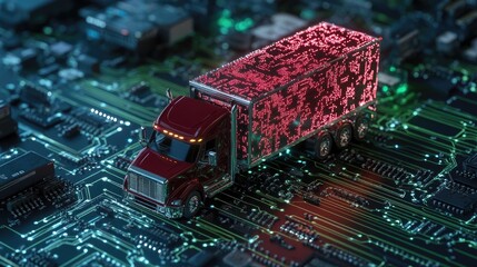 Poster - A sleek delivery truck speeds along a digital circuit board, blending transportation with futuristic efficiency