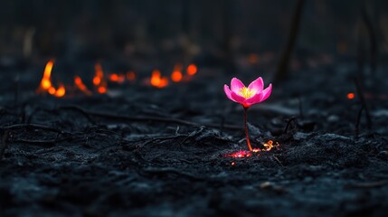 Poster - A single pink flower glows softly amid dark embers, radiating resilience and beauty in the night stillness