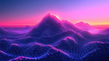 Poster - Abstract mountains covered in neon grid lines glow under a vibrant sunset. Use this for technology, design, and futuristic concepts to create impact.