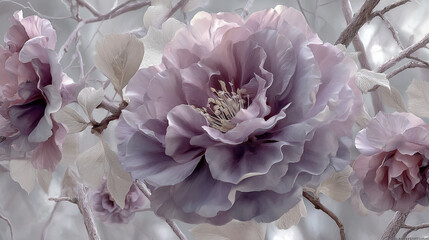 Aufkleber - Close-up of soft purple flowers, delicate petals and branches, creating a serene and elegant image, showcasing floral beauty and tranquility, ideal for design projects