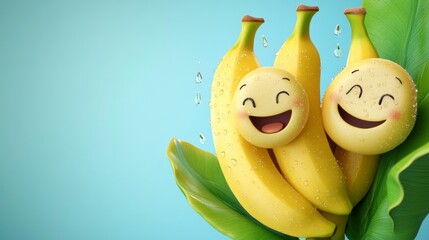 Poster - Three happy cartoon bananas with smiling faces on a green leaf, water drops, light blue background.