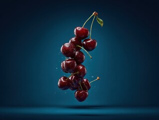 Poster - Fresh cherries stacked with water droplets studio shot on blue background close up still life fruit