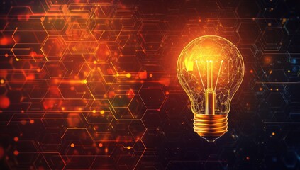Poster - A glowing light bulb made of intricate wireframe design illuminates a dark background filled with abstract red and orange patterns. symbolizing creativity and innovation