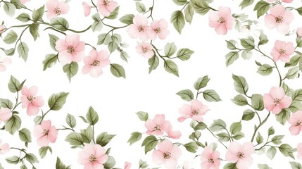 Poster - Delicate pink flowers and green leaves on white background; floral pattern.