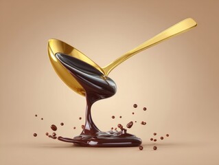 Poster - Golden spoon pouring chocolate sauce in studio shot with splash of liquid on tan background for food concept