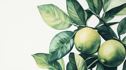 Poster - Close-up of two limes on a branch with lush green leaves against a white background.