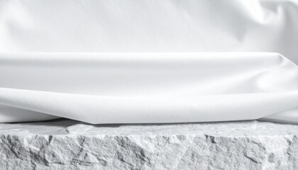 Poster - Elegant white fabric draped on textured stone surface studio setting photography minimalist aesthetic