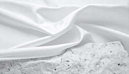 Poster - Textured white fabric draped over stone minimalist setting fine art photography soft lighting close-up perspective