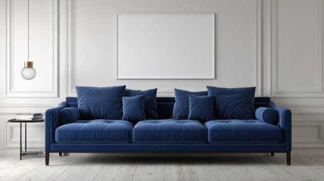 Interior design showcasing blue velvet sofa with pillows against a white wall with a blank frame in a modern living room