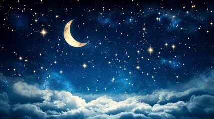 Poster - Night sky with crescent moon, stars, and clouds.