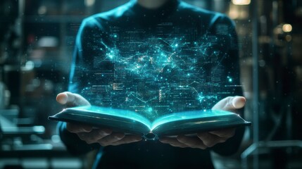 Poster - Person holding open book with glowing digital network data.