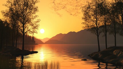 Poster - Serene sunset over calm lake, silhouetted trees, and distant mountains.