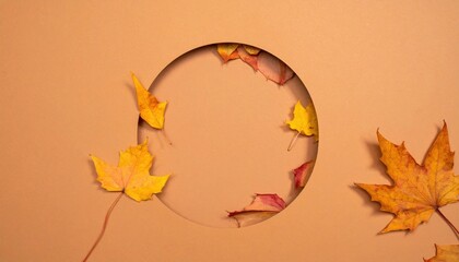 Poster - Autumn leaves falling through circular cutout studio setting photography warm tones close-up seasonal concept