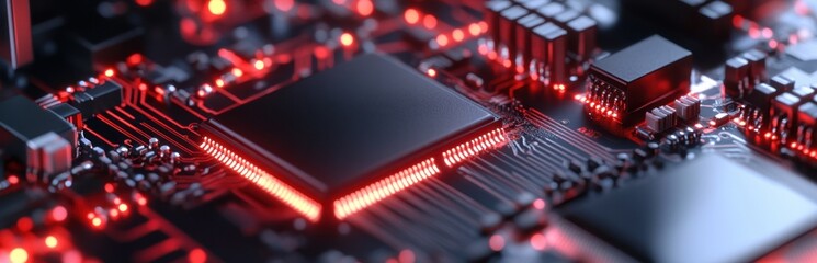 Poster - A detailed close-up view of a circuit board showcasing red LED lights and microchips. This image represents the complexity and innovation in modern technology.