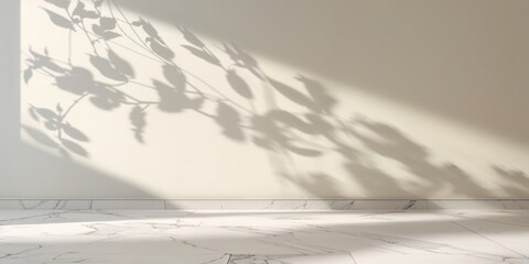 Poster - Sunlight creates beautiful leaf shadows on a textured marble floor in a serene indoor space during the afternoon