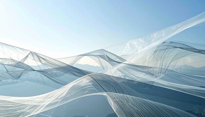 Poster - Flowing waves of transparent mesh over mountains nature scene wide angle serene environment