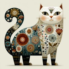 Poster - Scandinavian folk art style, Colorful patterned cat illustration with floral designs.