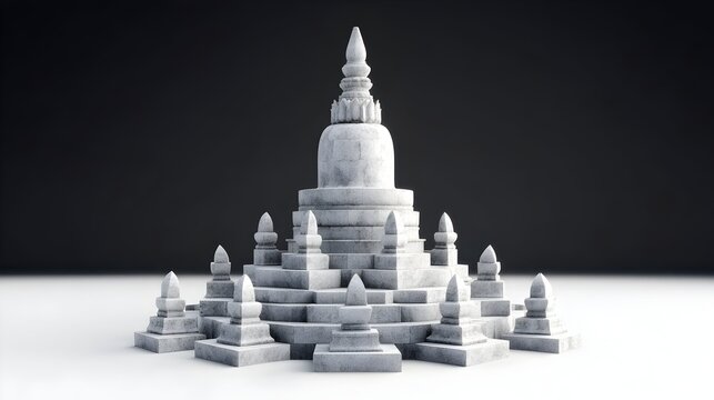 A minimalist 3D rendering of a white, tiered stone stupa, detailed with layered spires and a central dome, set against a dark background