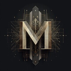 Poster - Ornate golden letter M with geometric lines against dark canvas in luxurious style