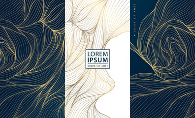 Aufkleber - Vector set of abstract fancy line golden labels, luxury elite cards, wave elegant backgrounds. Japanese sea posters, corporate packages, art deco frames.