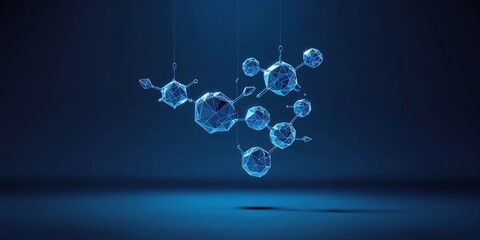 Poster - 3D geometric representation of molecular structures suspended in a dark environment conveying scientific innovation