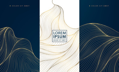 Aufkleber - Vector set of abstract fancy line golden labels, luxury elite cards, wave elegant backgrounds. Japanese sea posters, corporate packages, art deco frames.