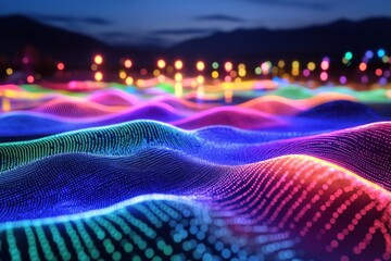 Poster - Abstract colorful neon light landscape with blurred city background. Ideal for tech, future concepts, or vibrant visual communication.