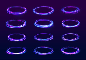 Poster - Illustration of bright flare with glowing sparkle wave in curved motion shape using transparent neon light and twirling electric ring for digital fantasy abstract background painting design


