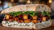 © EchoFrame - Close up of a gourmet vegan sandwich with tofu sun dried tomatoes and arugula on a wooden board at restaurant angle
