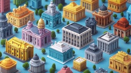 Colorful miniature buildings arranged in a vibrant cityscape with lush trees and blue background