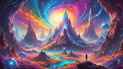 Wall Mural - A mystical landscape features vibrant swirling colors with towering spires under a radiant sky. A lone figure stands on a rocky path, gazing at the celestial scene filled with planets & distant peaks