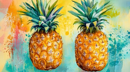 Poster - Two vibrant pineapples on a colorful watercolor background.